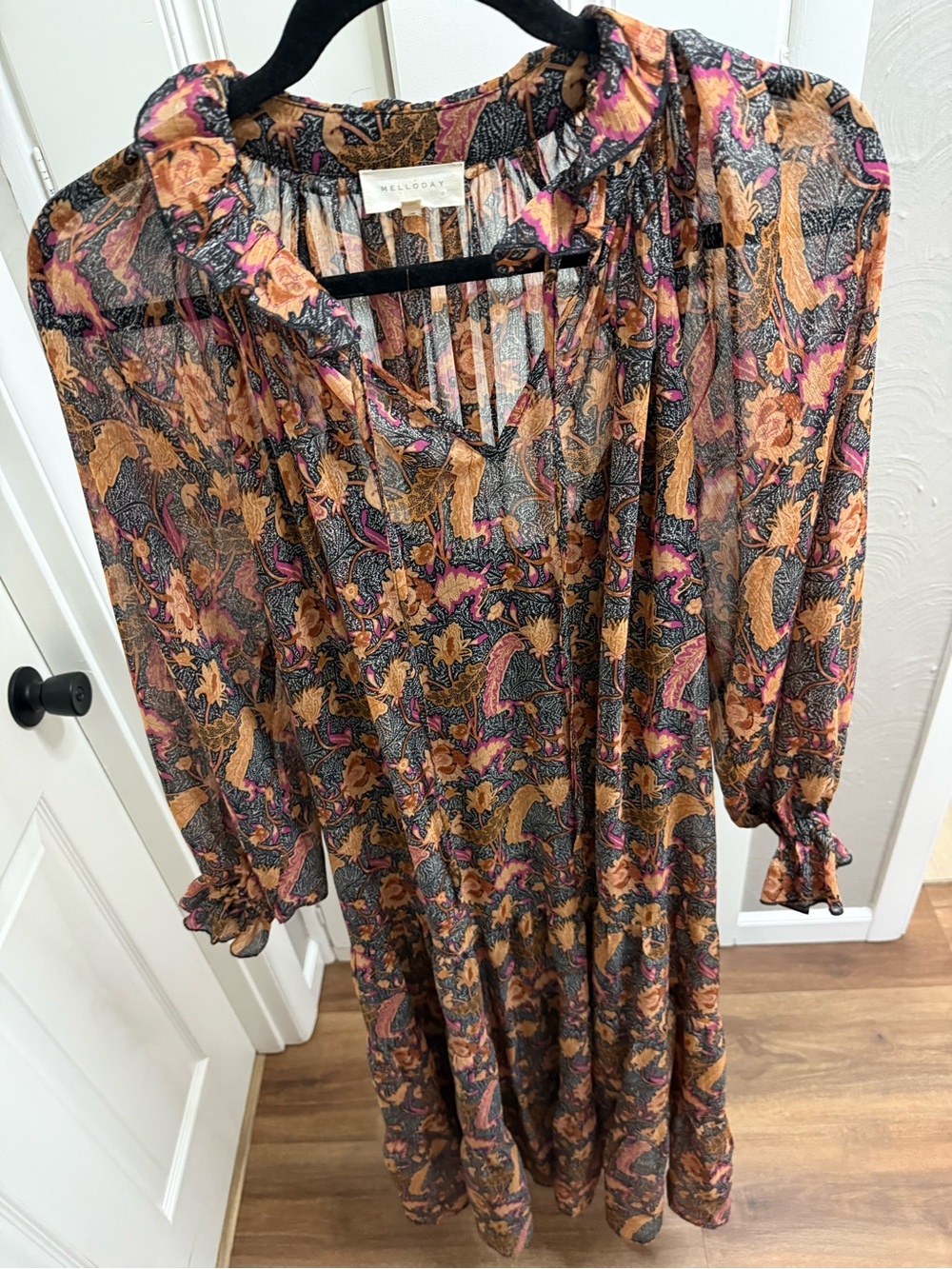 MELLODAY Paisley Floral Long Sleeve Tiered Midi Dress in Mustard, Pink & Navy - Picture 2 of 6